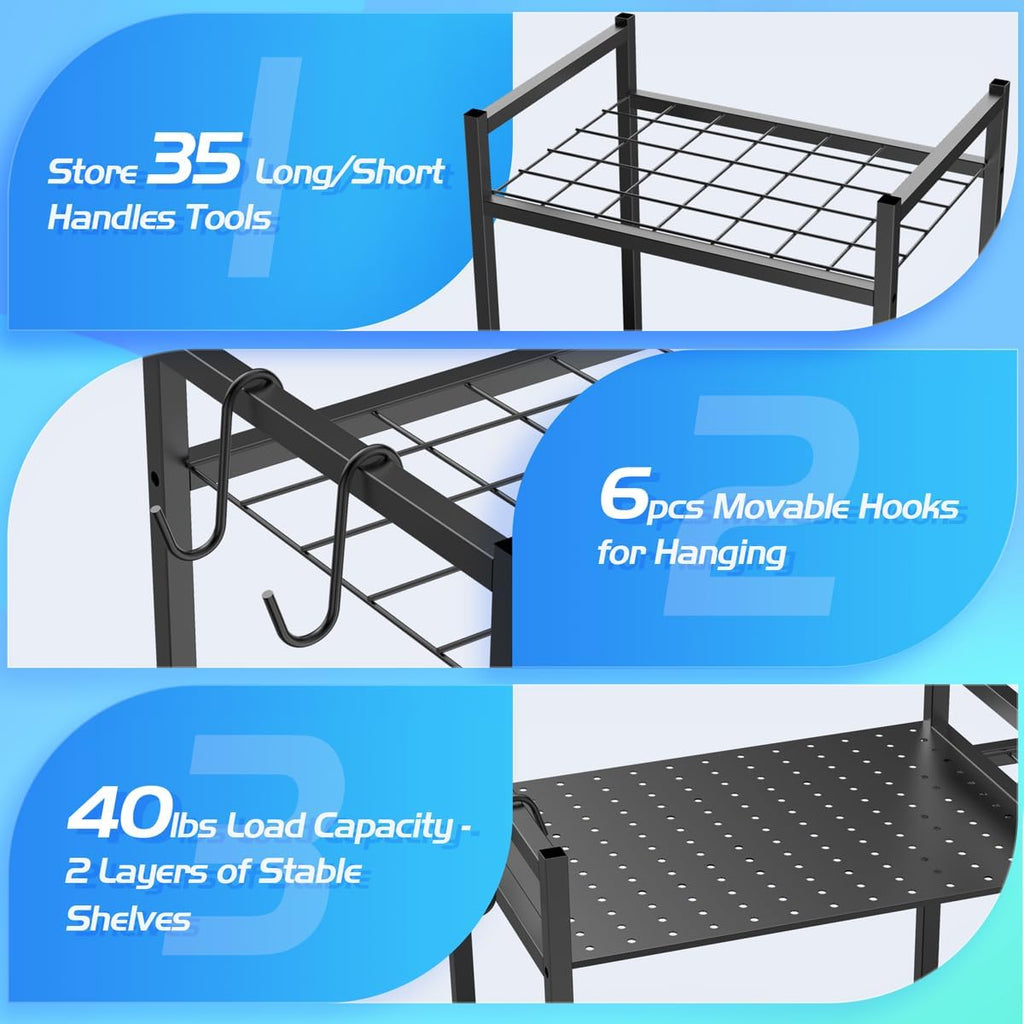 Garden Tool Storage Rack with 6 Hooks and 2-tier Metal Shelves X1755