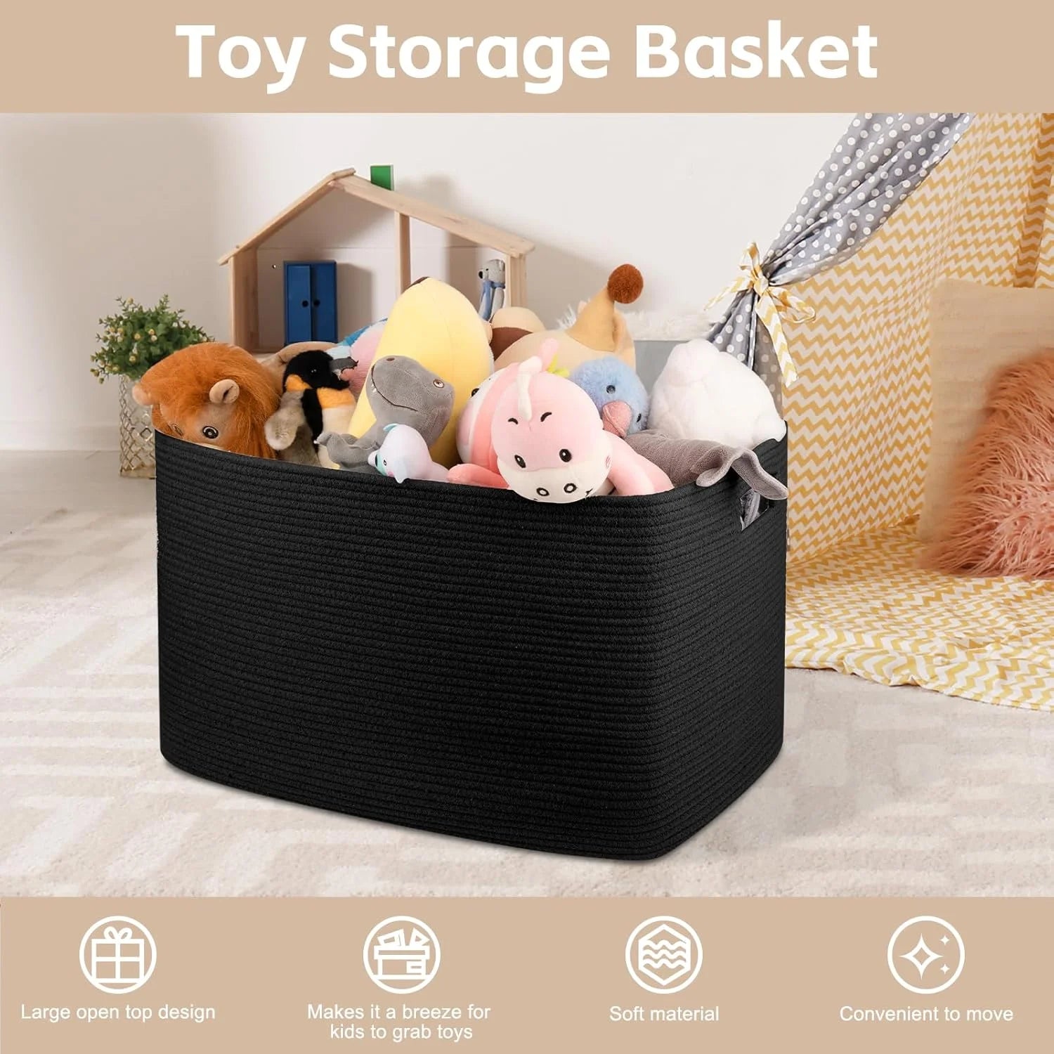XXXLarge Cotton Rope Storage Basket, Oversized Blanket Basket, Black G7966