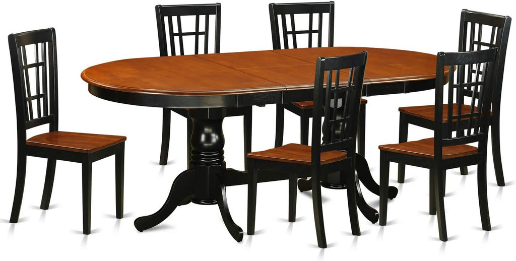 7 Piece Oval Dining Table with Butterfly Leaf and 6 Wood Seat Chairs, Black & Cherry L15250