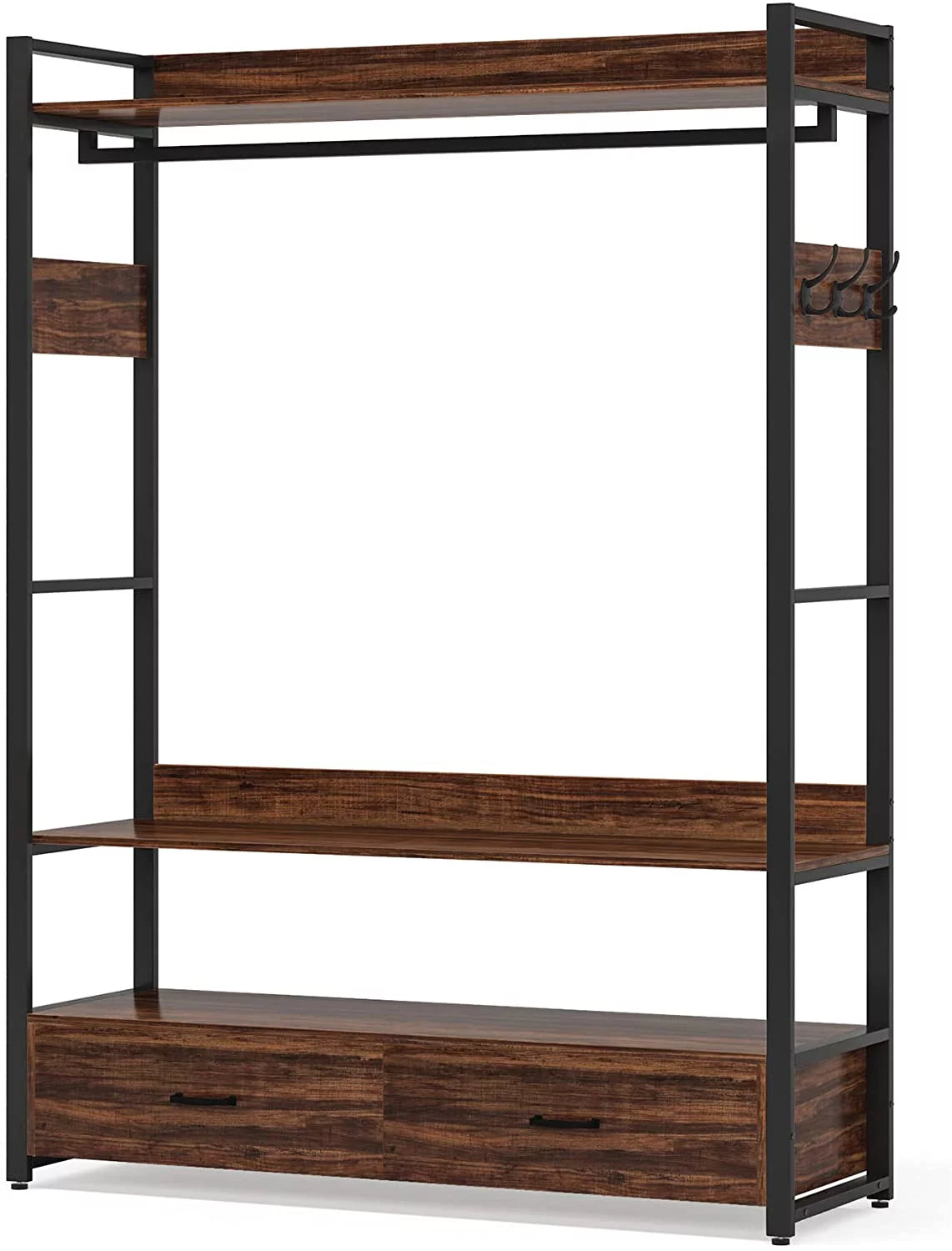 Rustic Brown Heavy Duty Clothes Rack with Shelves Hanging Rod and 2 Drawers F72811