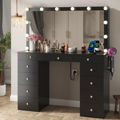 White Vanity Desk with Mirror and Lights, 11 Drawers, Charging Station D559319