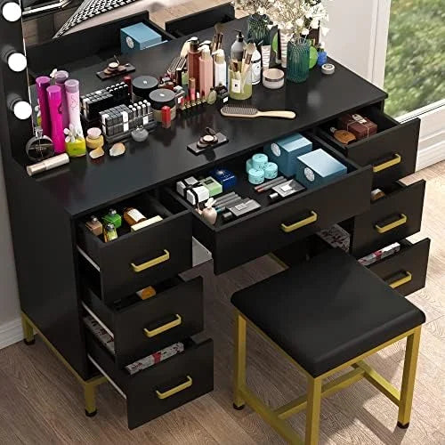 Black 44'' Vanity Desk with Lighted Mirror, 14PCS LED Bulbs, Cushioned Stool & 7 Drawers D79924