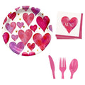Valentine Heart Design Round Paper Plates with Matching Napkins and Pink Plastic Utensils Disposable Tableware Set of 3 O29047