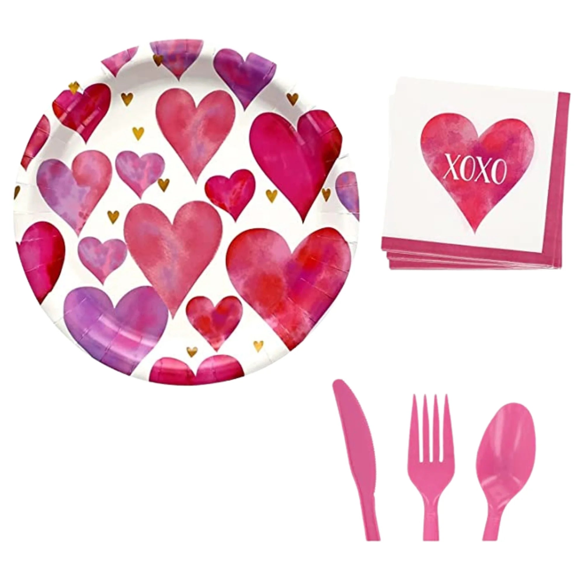 Valentine Heart Design Round Paper Plates with Matching Napkins and Pink Plastic Utensils Disposable Tableware Set of 3 O29047