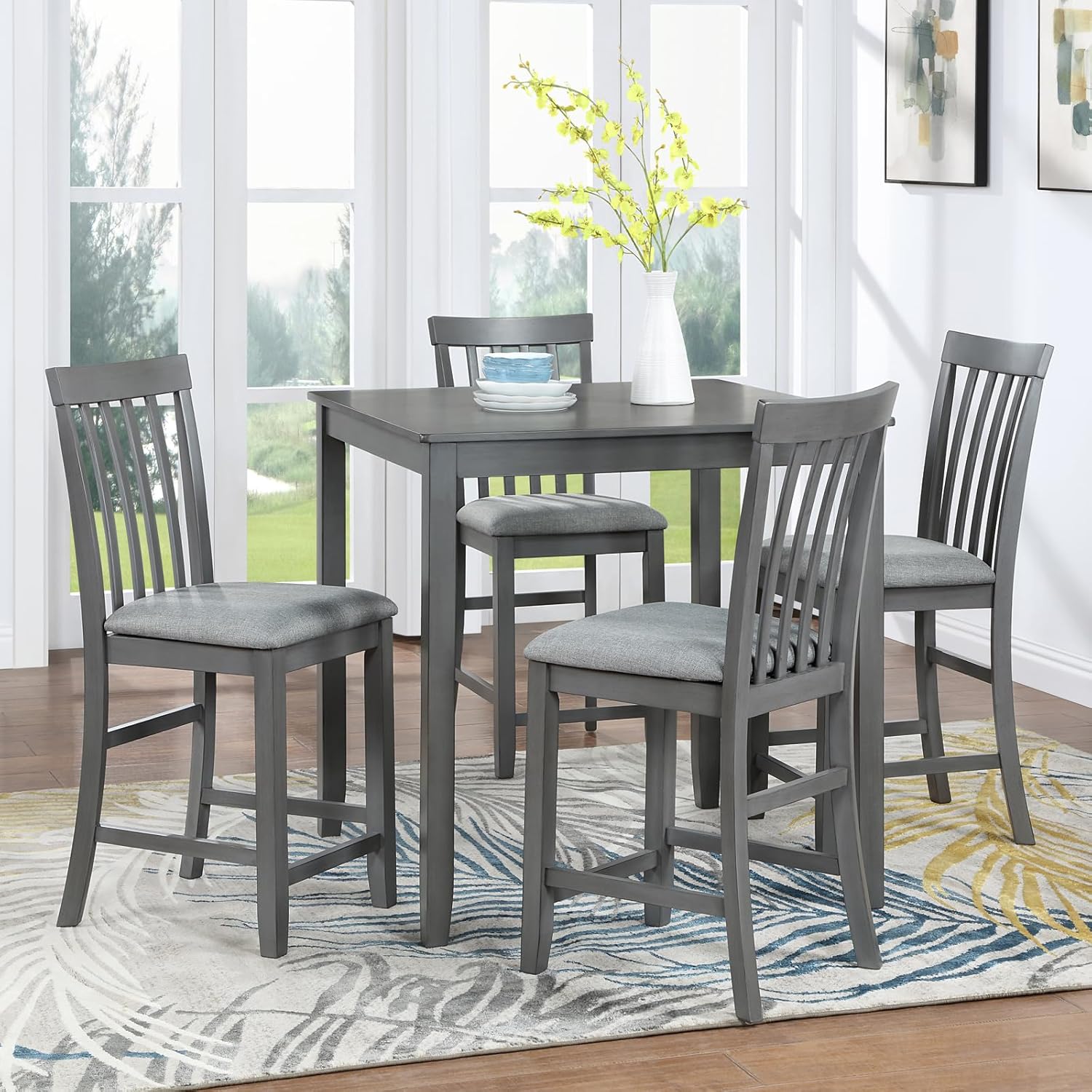 5 Piece Counter Height Dining Table Set with 4 Upholstered Chairs, Dove Gray P504