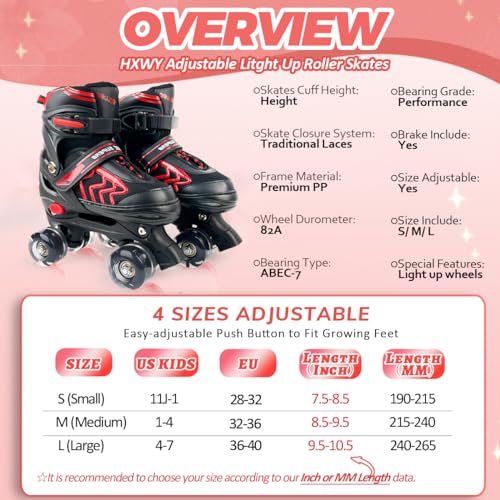 Adjustable Quad Roller Skates with Light Up Wheels, Black & Red N803