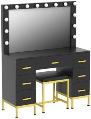 Black 44'' Vanity Desk with Lighted Mirror, 14PCS LED Bulbs, Cushioned Stool & 7 Drawers D79924