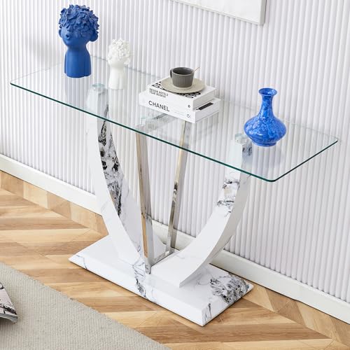 Glass Console Table, 50 inch Clear Glass Narrow Sofa Table with Wood Grain Base and Metal Frame T352690
