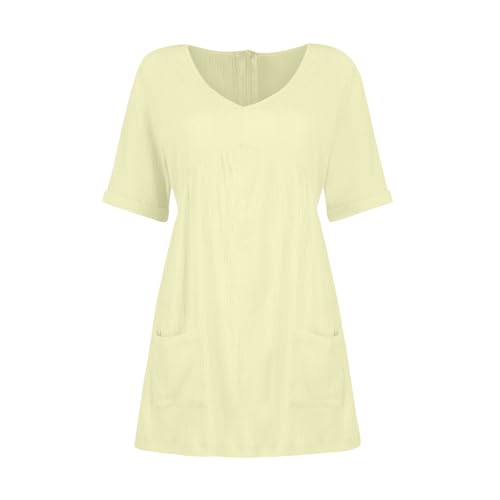 V Neck Short Sleeve Solid Loose Mini Dress with Pockets N9370