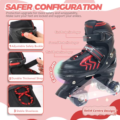 Adjustable Quad Roller Skates with Light Up Wheels, Black & Red N803