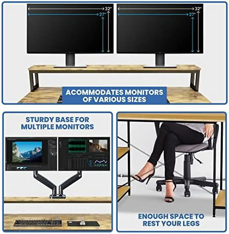 55 Inch Walnut And Black Wood Computer Desk With Monitor Shelf O347