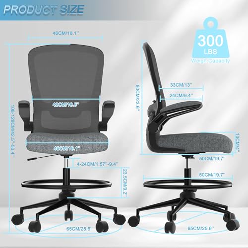 Black Drafting Chair with Flip-up Armrests and Adjustable Footrest Ring B497374