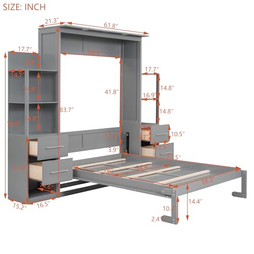 Queen Murphy Bed with Storage Drawers and Shelves (Grey) J877
