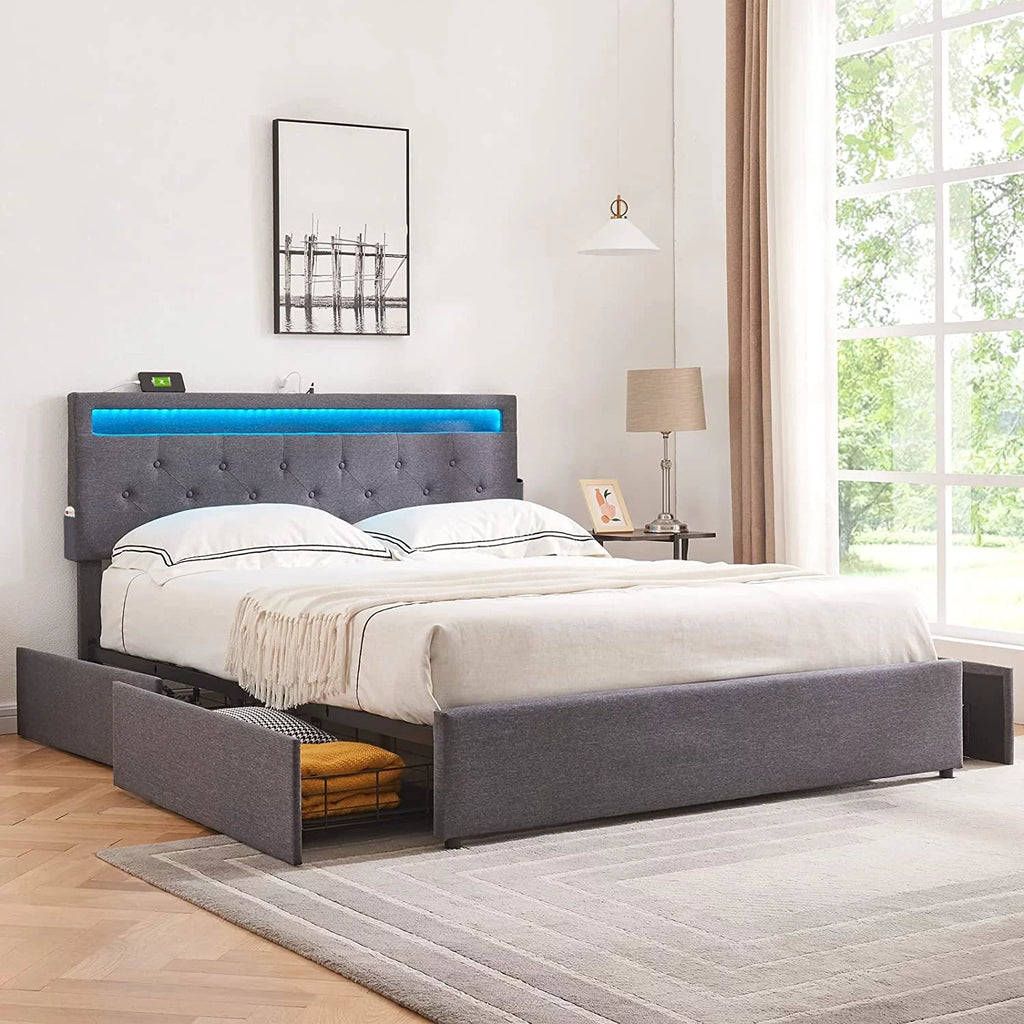 Full Size Bed Frame with 4 Drawers, LED, USB Ports, Adjustable Upholstered Headboard, Dark Grey L89088