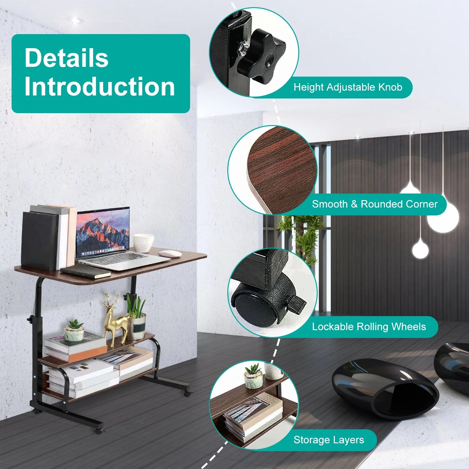 Beige 3-Tier Mobile Laptop Desk with Rolling Wheels N2199
