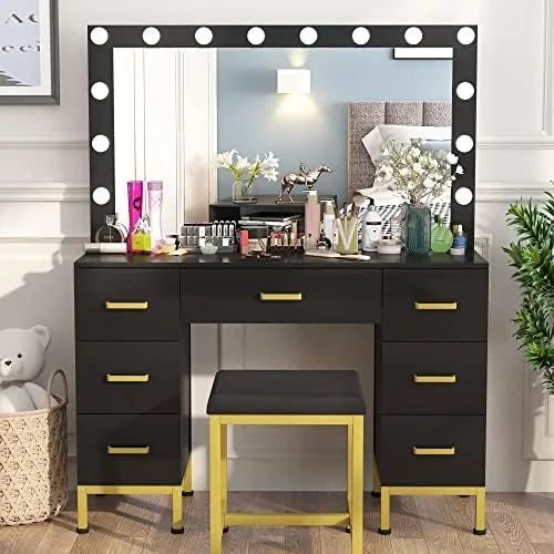 Black 44'' Vanity Desk with Lighted Mirror, 14PCS LED Bulbs, Cushioned Stool & 7 Drawers D79924