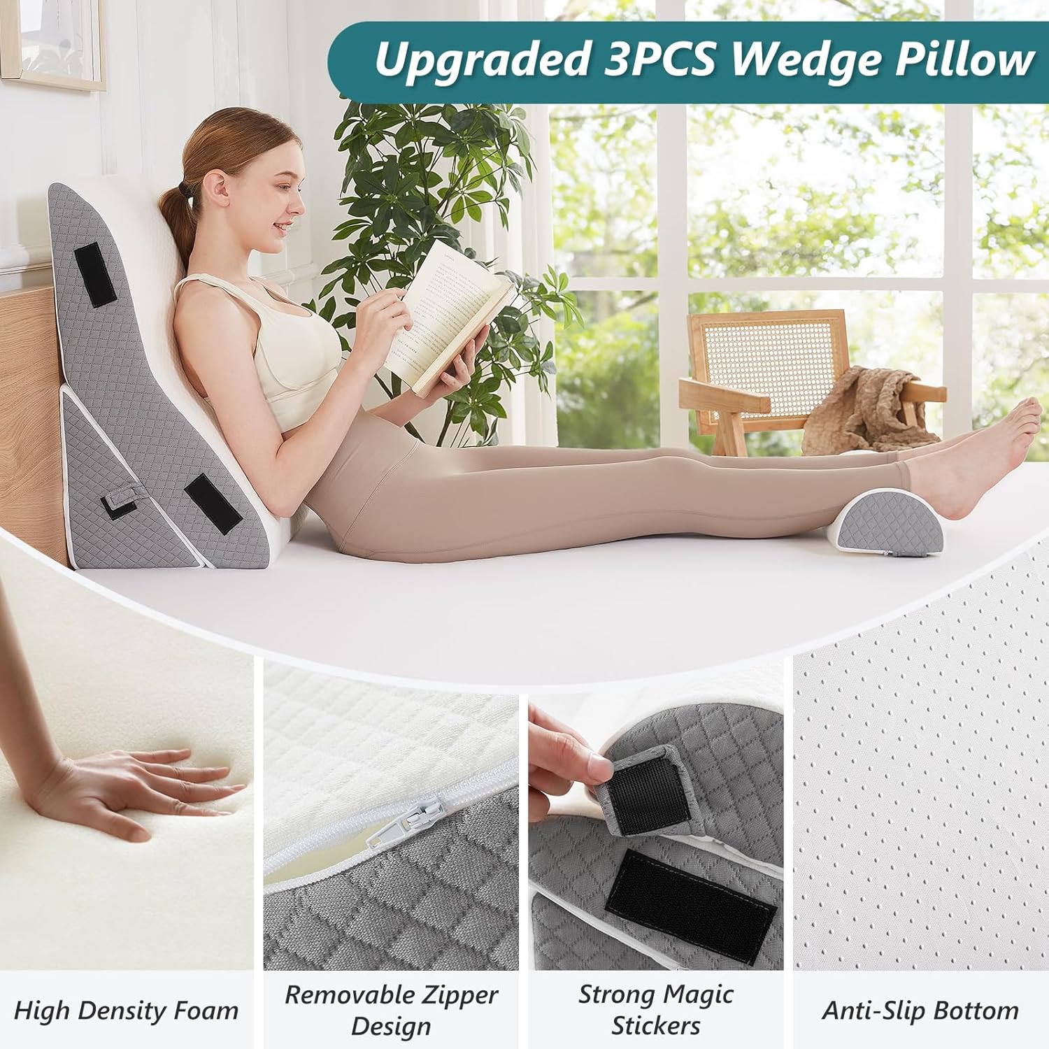 3 PCS 35D Adjustable Triangle Wedge Pillow Set (white grey) F82058