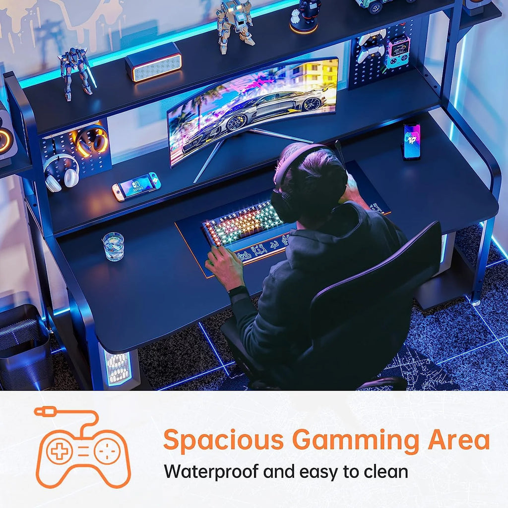 55" Gaming Desk with Hutch, Shelves, LED Lights, Pegboard and Monitor Shelf, Black K2756