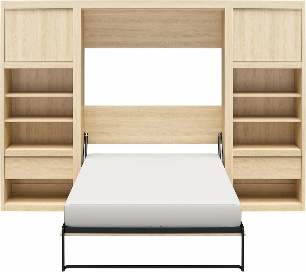 Full Size Murphy Wall Bed with Storage in Light Oak B700