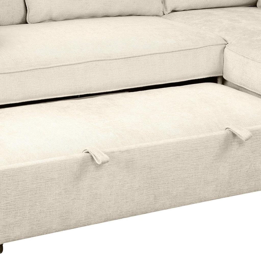 L-Shape Reversible Sleeper Sectional Couch Pull Out Sofa Bed with Storage Chaise and USB Ports Linen Tufted Upholstered Convertible Sofabed with 2 Pillows H520047