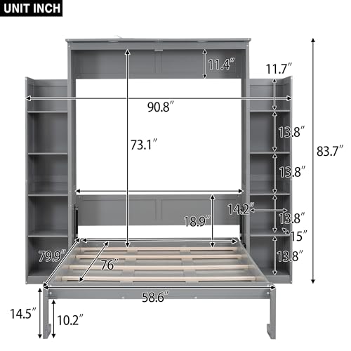 Grey Full Size Wood Murphy Bed with Storage Shelves and LED Lights P106235