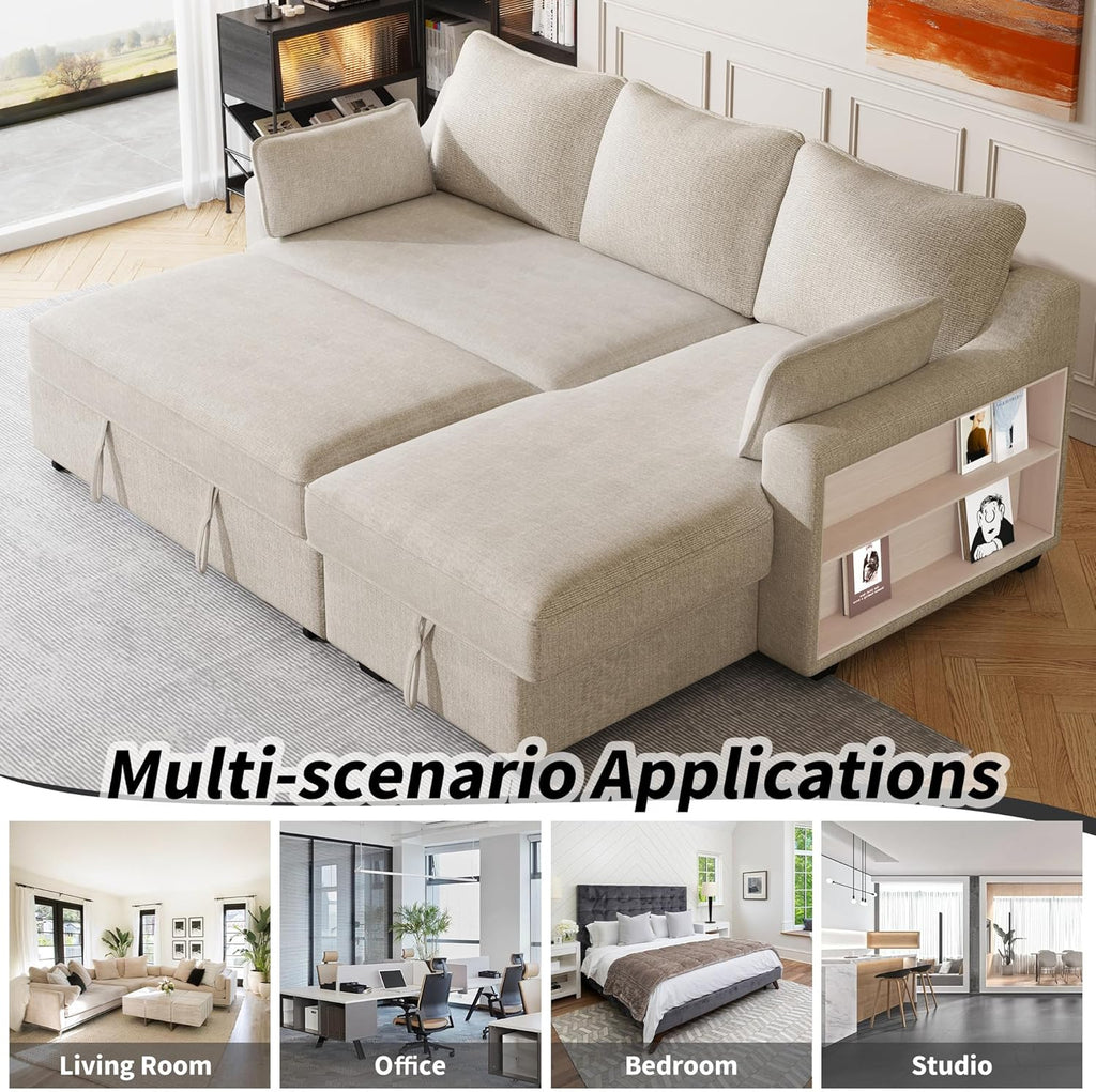 L-Shape Reversible Sleeper Sectional Couch Pull Out Sofa Bed with Storage Chaise and USB Ports Linen Tufted Upholstered Convertible Sofabed with 2 Pillows H520047