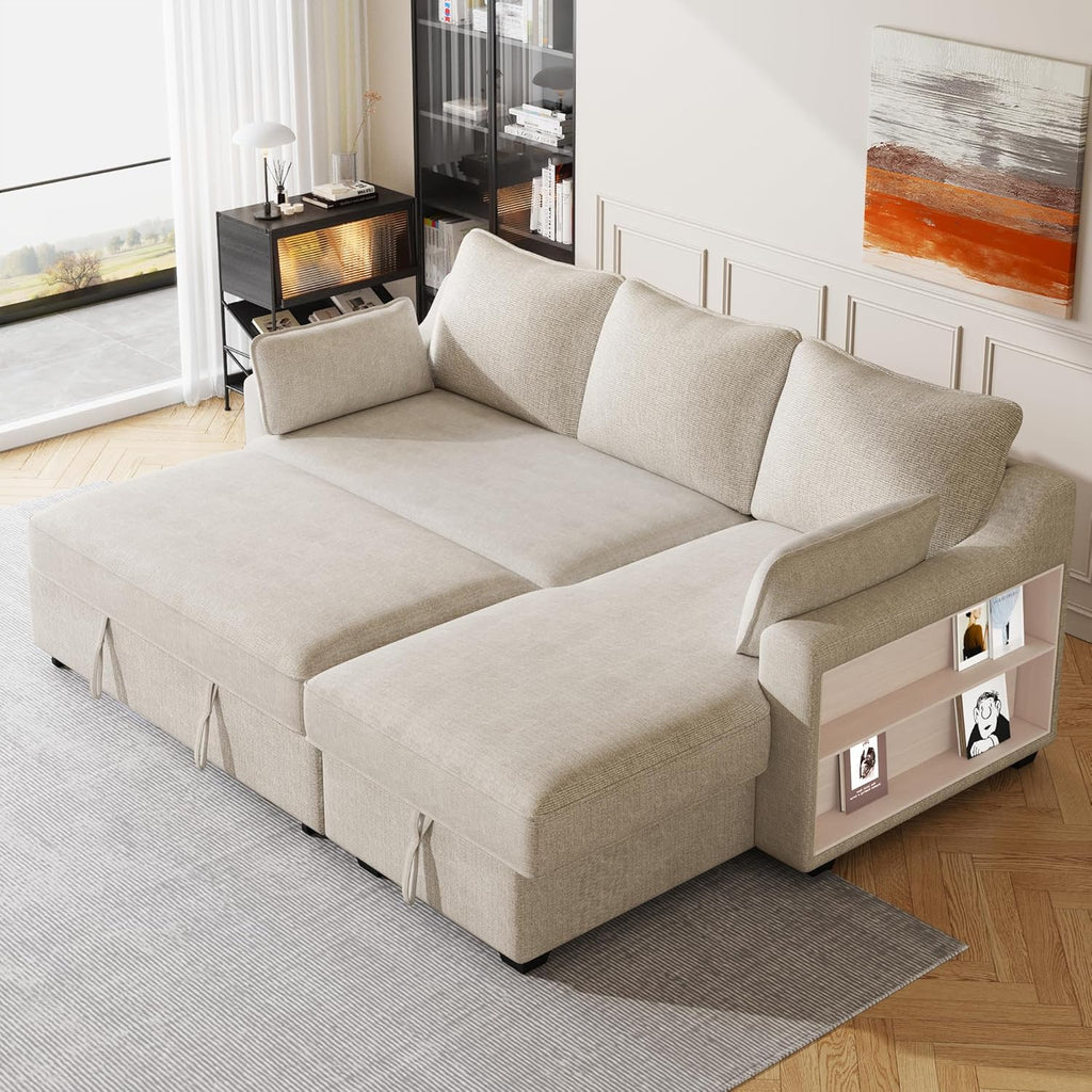 L-Shape Reversible Sleeper Sectional Couch Pull Out Sofa Bed with Storage Chaise and USB Ports Linen Tufted Upholstered Convertible Sofabed with 2 Pillows H520047
