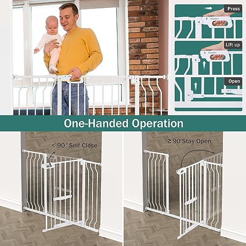 White 33" Tall Extra Wide Auto Close Walk Thru Safety Gate with Small Pet Door Q2394