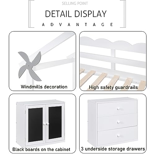 Grey Twin Size Wood Loft Bed with Storage Cabinet and 3 Drawers O497292