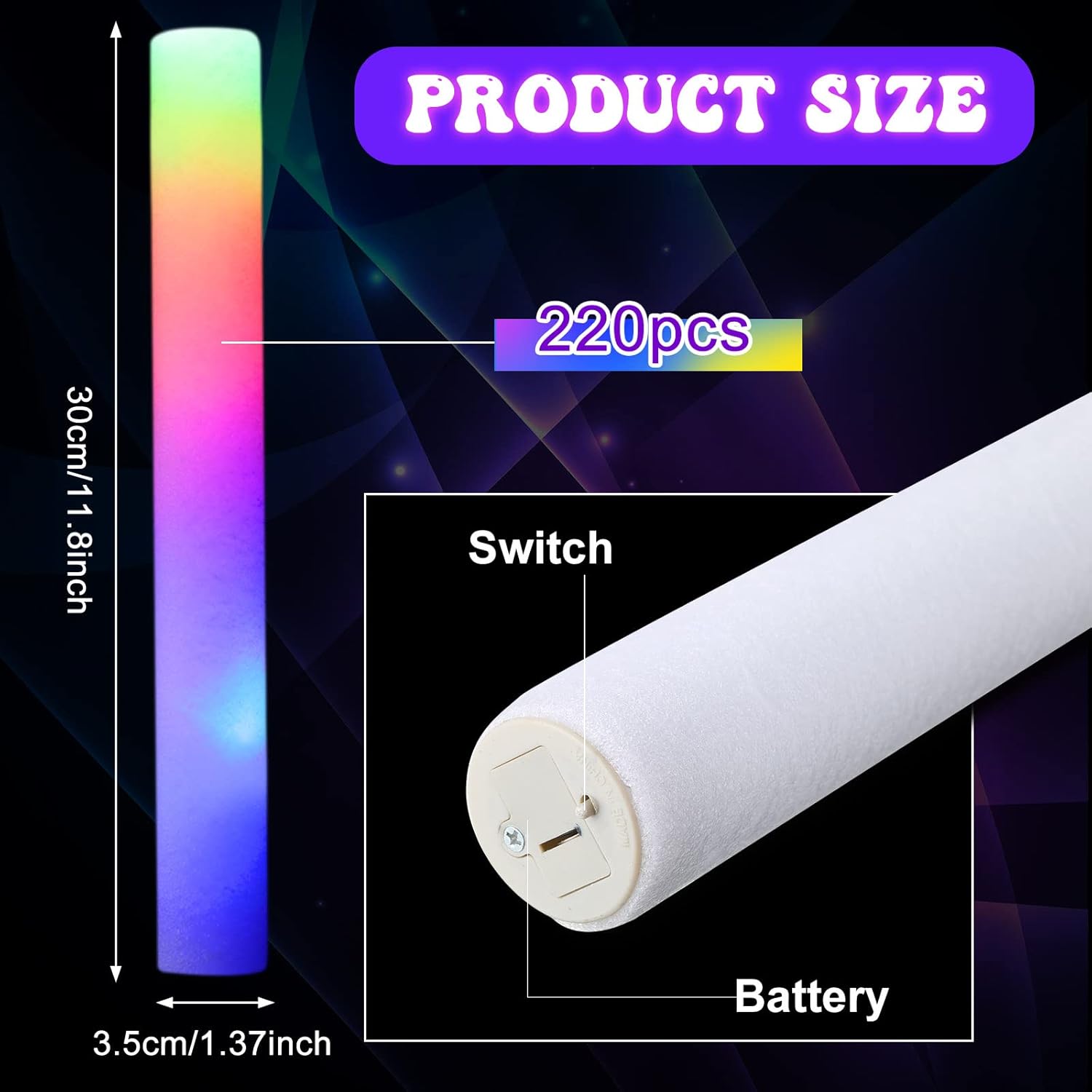 220 Pieces LED Light up Foam Sticks Colorful Flashing Glow Stick with 3 Modes K3232