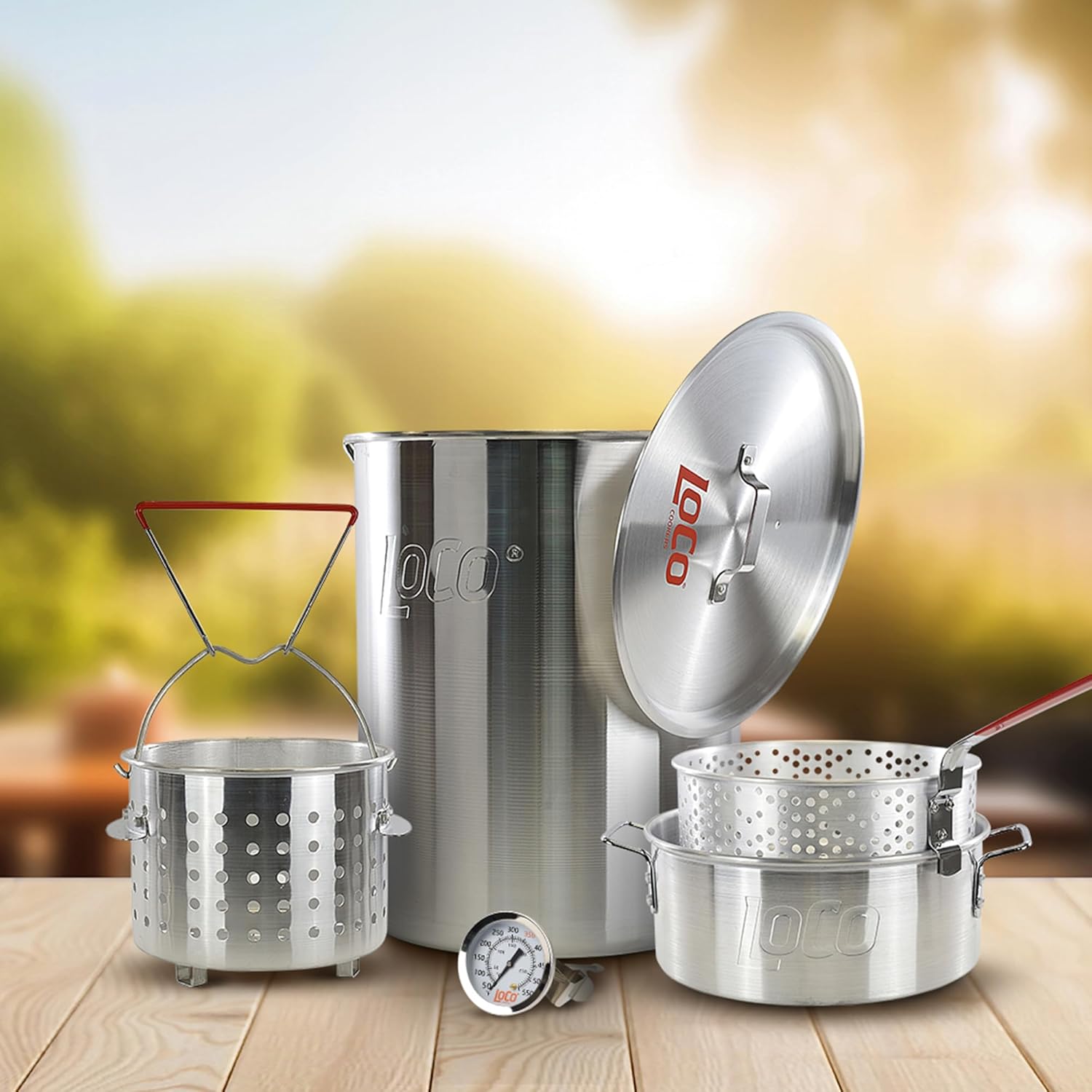 30 Quart Aluminum Circular Pots Kit with Basket Lift Hook and Lid Y86489