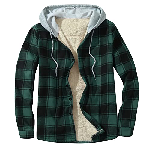 Mens Fleece Lined Flannel Plaid Shirts Jacket Button Down Sherpa Jackets with Hood Long Sleeve Winter Hooded Coats E693356