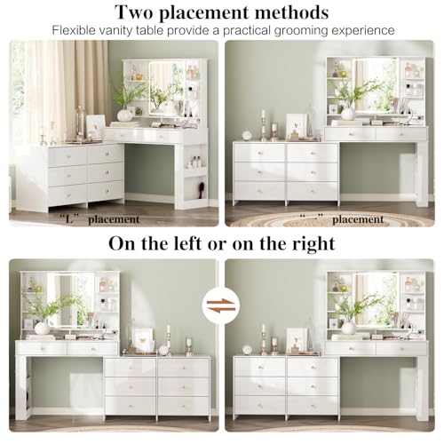 White 8 Drawer Vanity Desk with Mirror and Lights H261976
