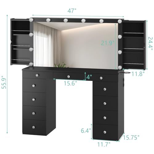 White Vanity Desk with Mirror and Lights, 11 Drawers, Charging Station D559319