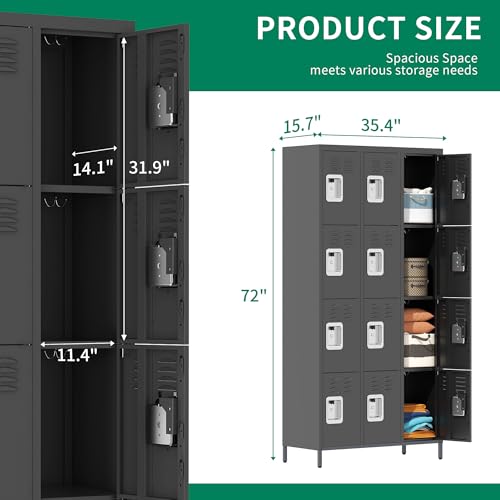 Metal Locker 3 Doors 72" Tall Steel Storage Locker with Shelves and Hooks S19364
