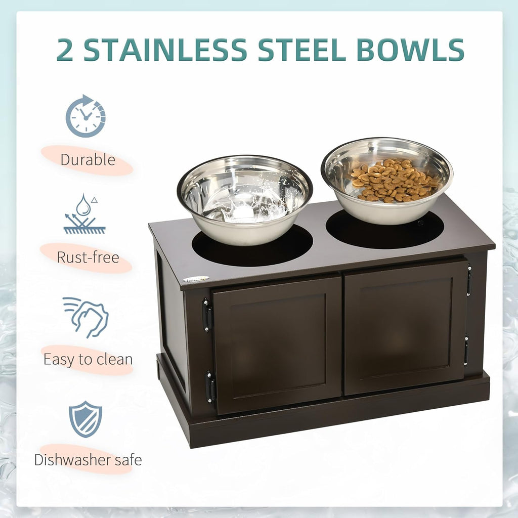Elevated Dog Bowls with Storage Cabinet, 2 Stainless Steel Bowls, Coffee P704