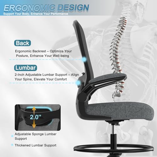 Black Drafting Chair with Flip-up Armrests and Adjustable Footrest Ring B497374