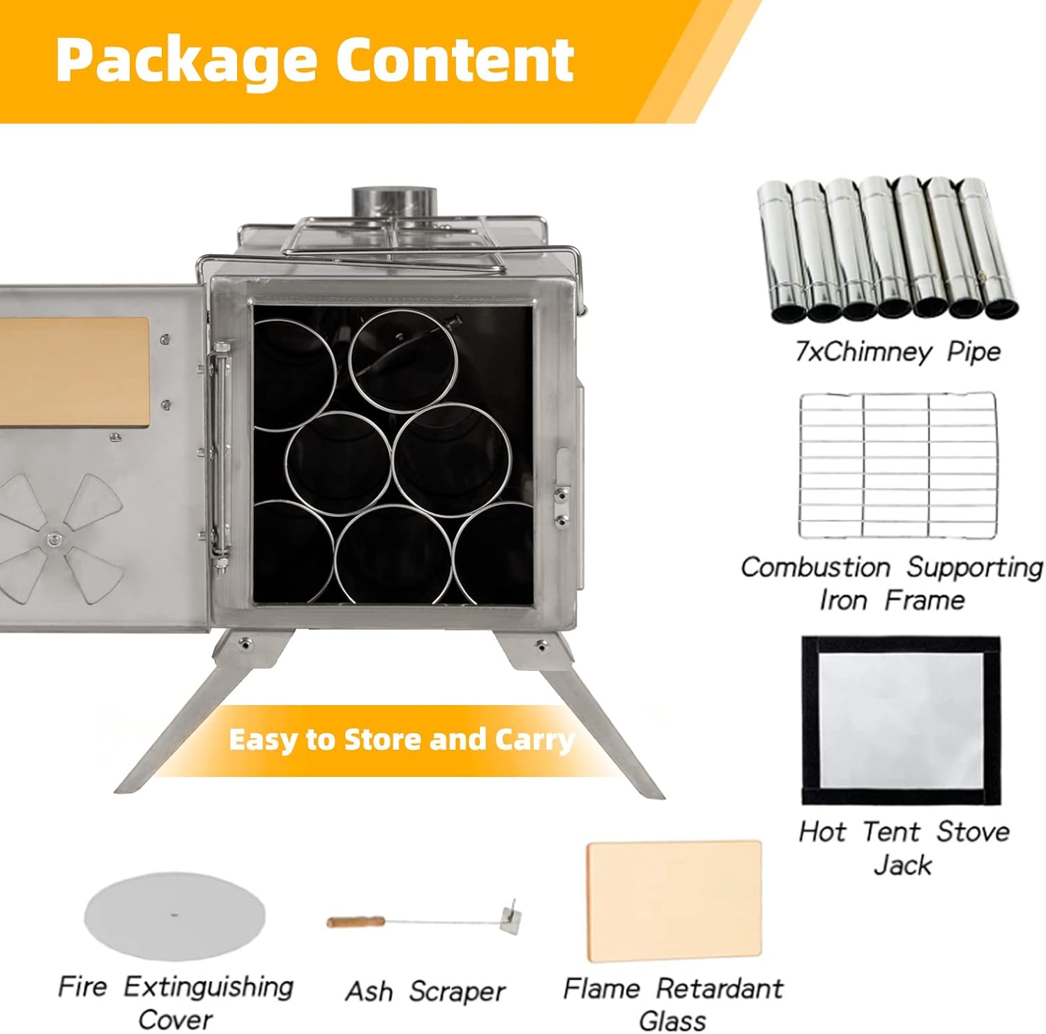 Stainless Steel Wood Burning Camping Stove with Chimney Pipes J7812