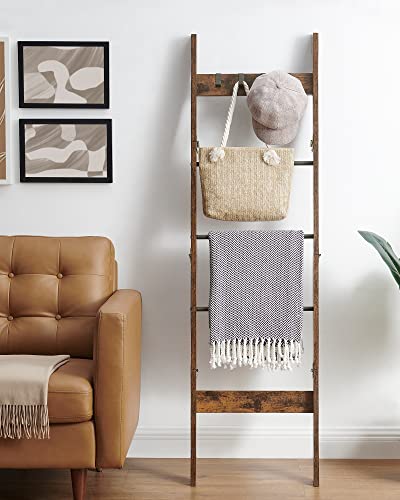 5-Tier Wood Blanket Ladder Shelf with 4 Removable Hooks V50833