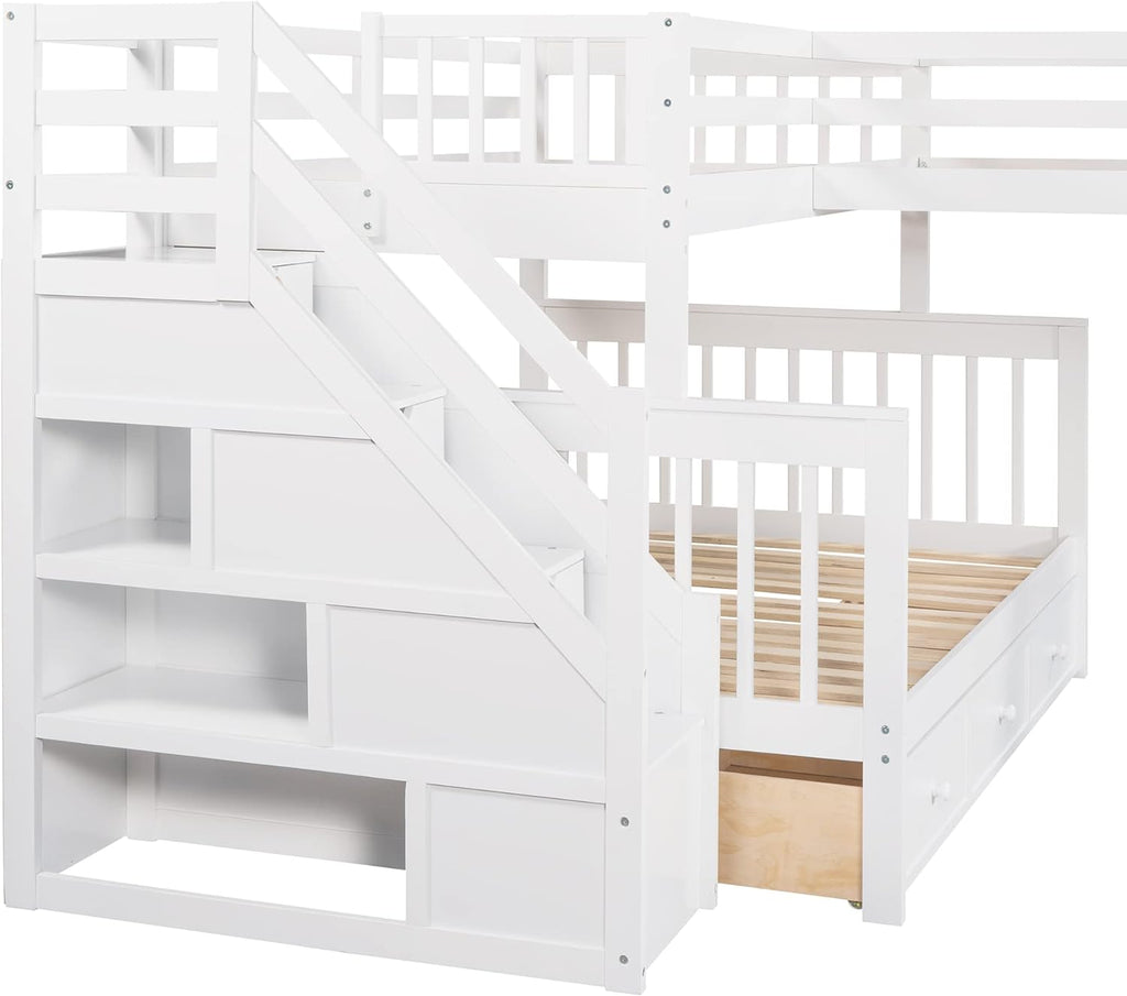 White Wooden Triple Bunk Bed With Stairs And 3 Storage Drawers D809846