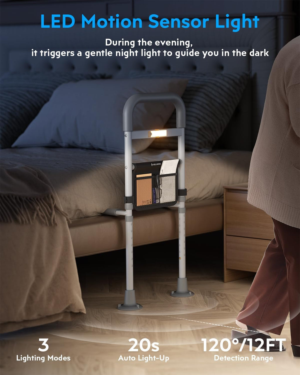 Grey Adjustable Bed Rail with Motion Sensor LED Light P4885