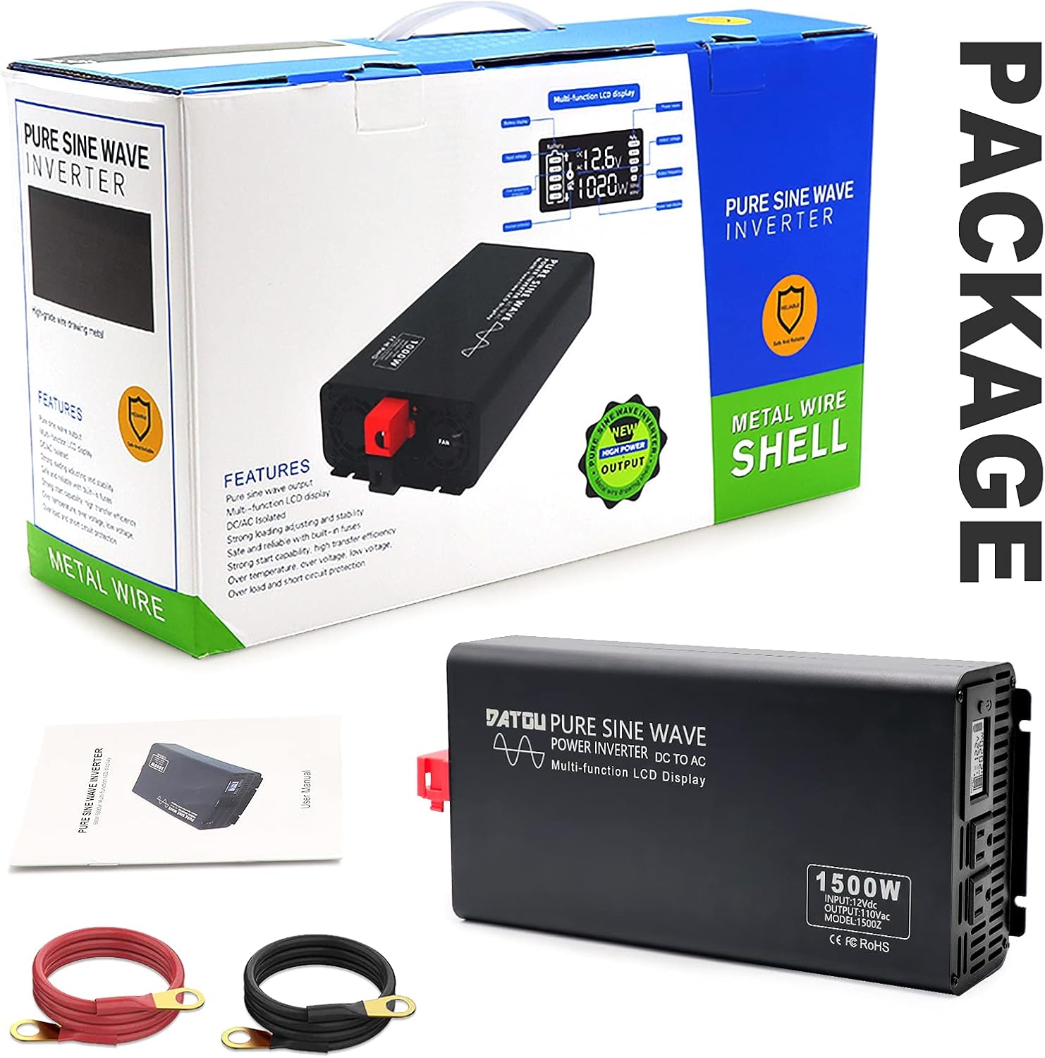 1500W Peak 3000W DC 12V to AC 110V 120V Power Inverter with 2 AC Outlets LCD Display M3858