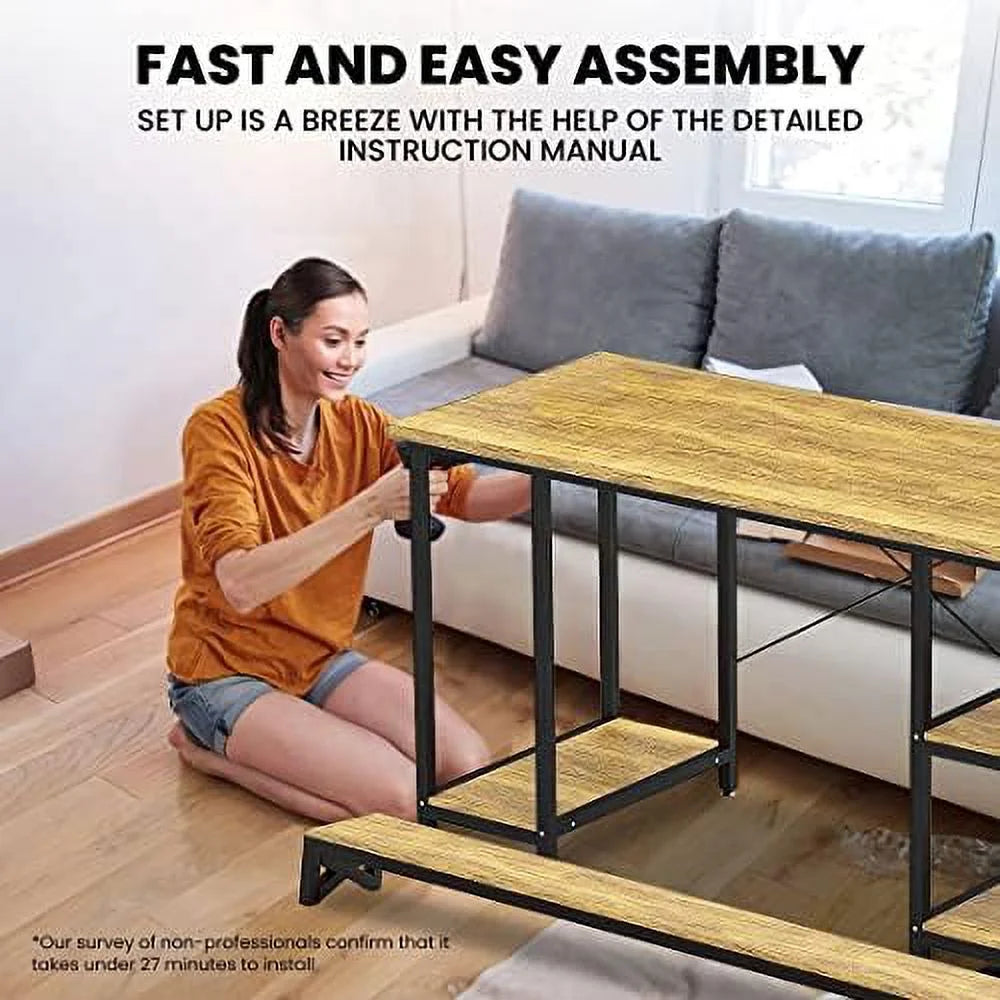 55 Inch Walnut And Black Wood Computer Desk With Monitor Shelf O347