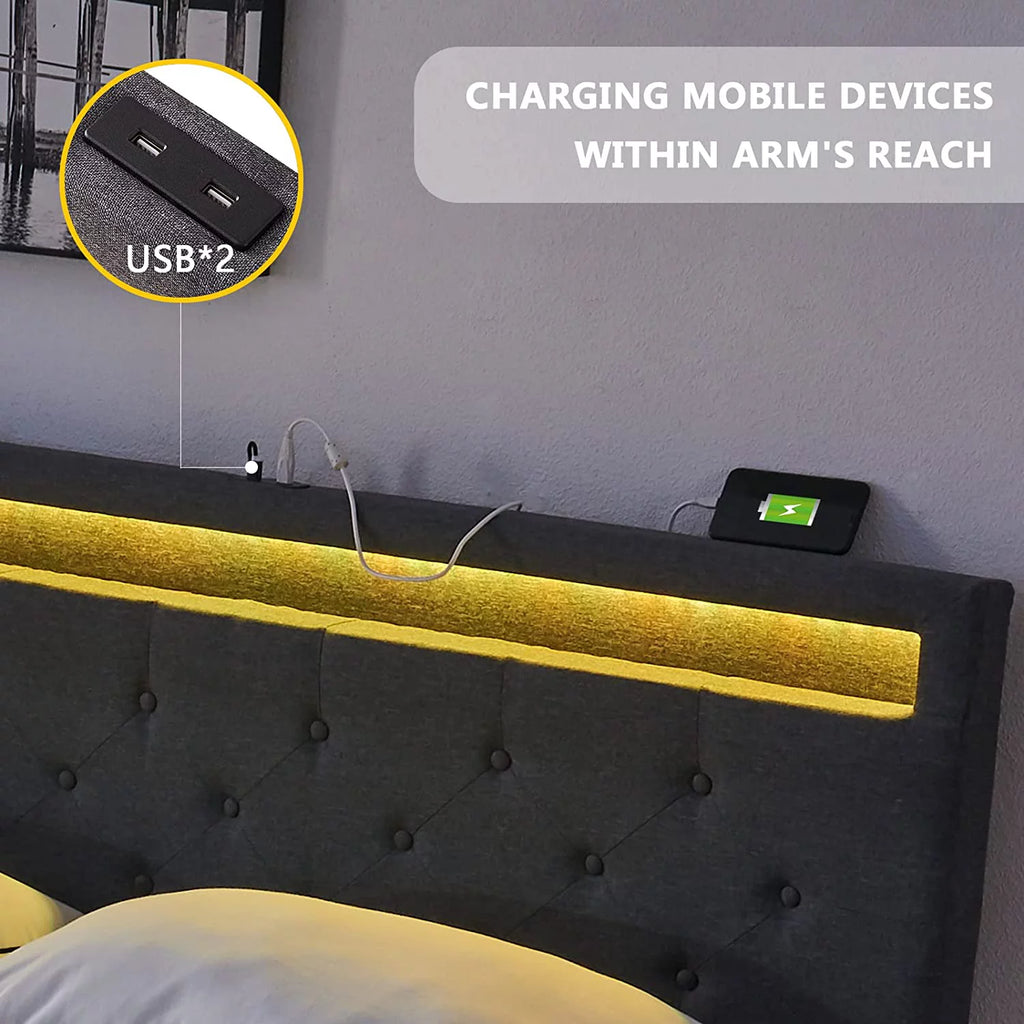 Full Size Bed Frame with 4 Drawers, LED, USB Ports, Adjustable Upholstered Headboard, Dark Grey L89088