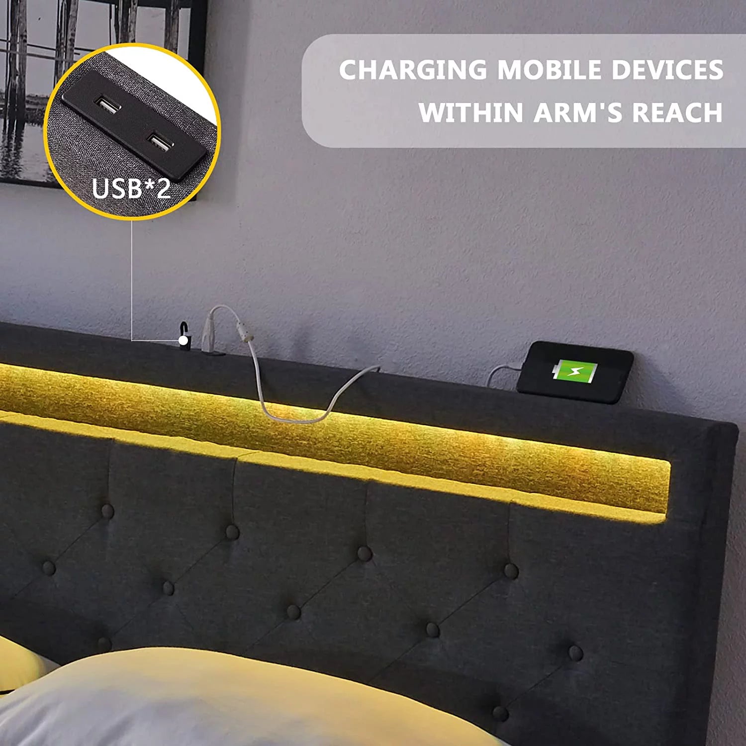 Full Size Bed Frame with 4 Drawers, LED, USB Ports, Adjustable Upholstered Headboard, Dark Grey L89088