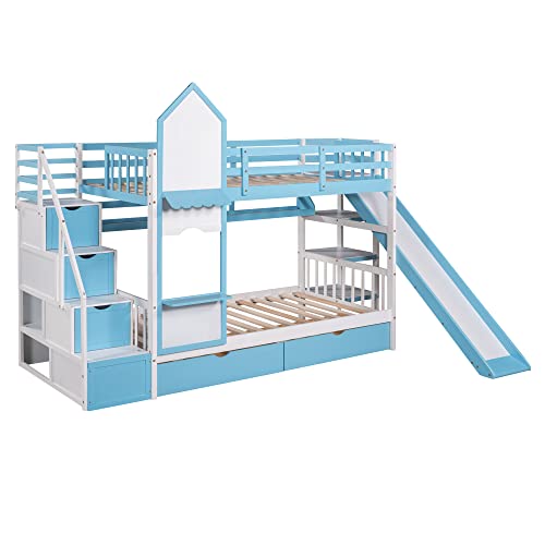 Gray Wood Twin Over Twin Floor Bunk Bed with Storage X9555