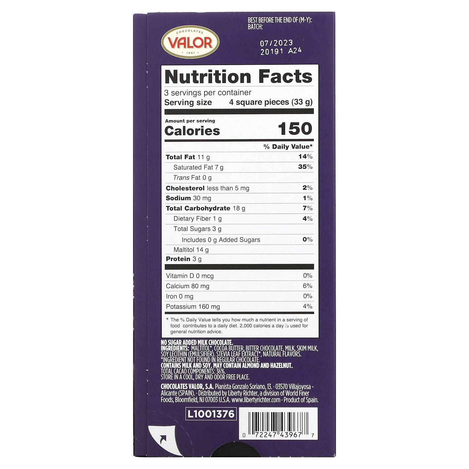 Milk Chocolate Bar with Stevia, 3.5 oz Pack of 3 L5859