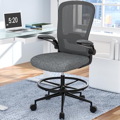 Black Drafting Chair with Flip-up Armrests and Adjustable Footrest Ring B497374