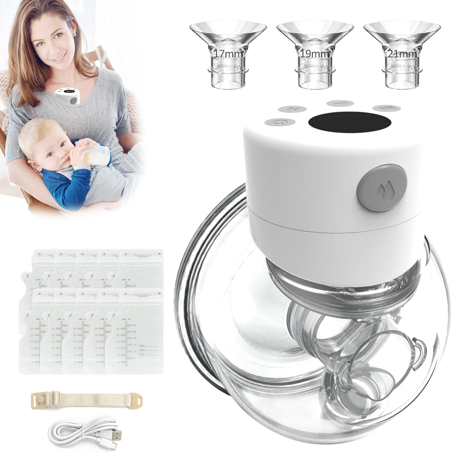 Electric Wearable Breast Pump, Hands Free, Portable, 2 Mode & 9 Levels, LCD Display M78817