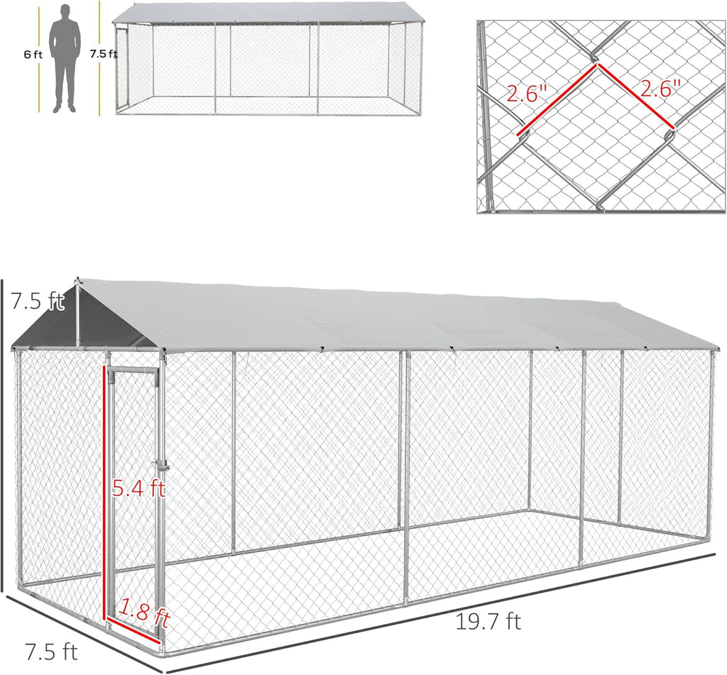 Large Heavy Duty Dog Kennel with Waterproof Cover, Galvanized Chain Link, 19.7' x 7.5' x 7.5' M920164